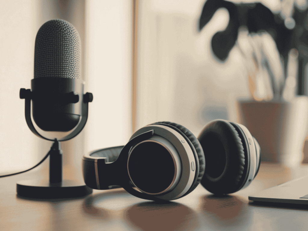 Microphone and headphones on a desk. Storytelling in marketing and podcasting go hand in hand.